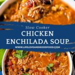 Slow Cooker Chicken Enchilada Soup in a bowl garnished with cilantro.