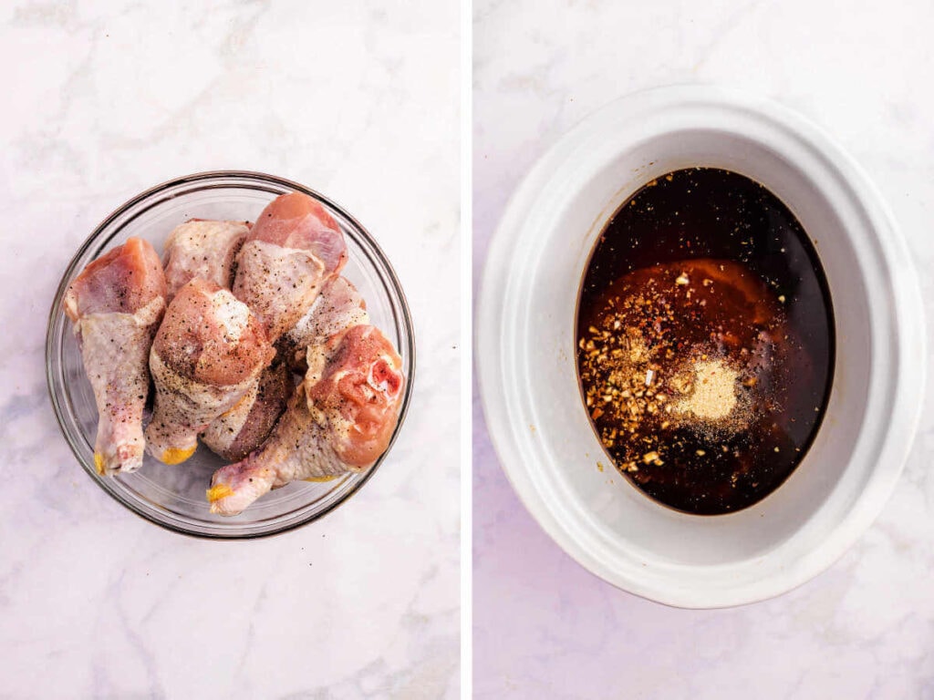 Side by side photos of seasoning chicken legs and making a honey glaze in the crockpot.