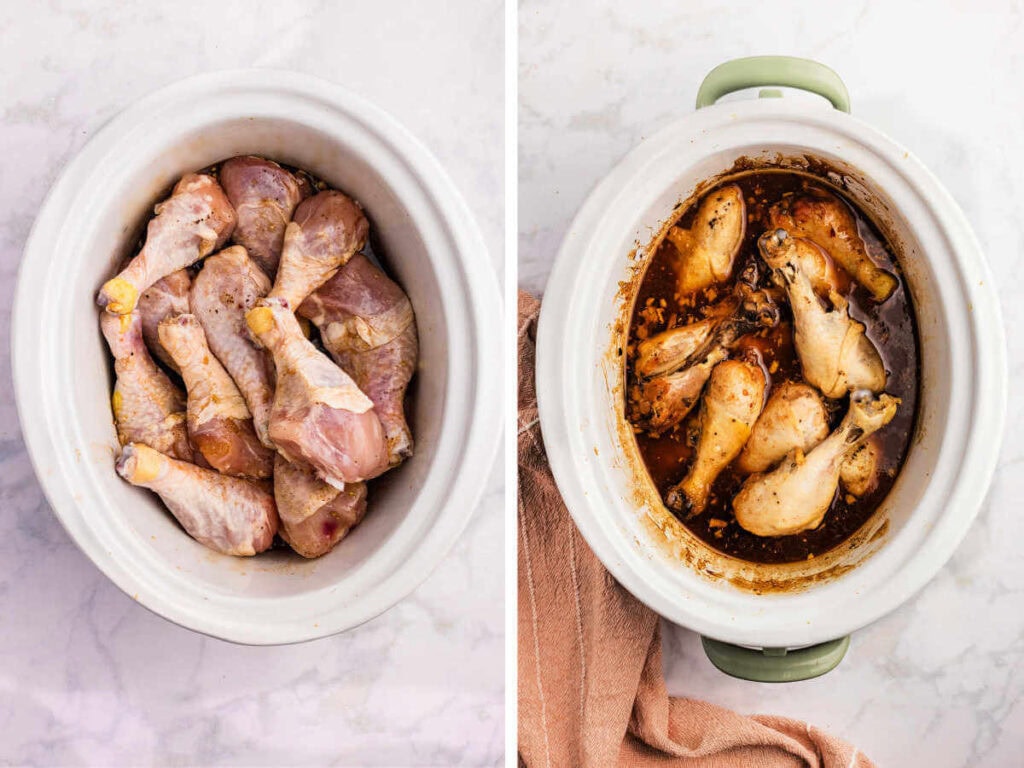 Side by side photos of cooking chicken legs in the slow cooker in a sauce.