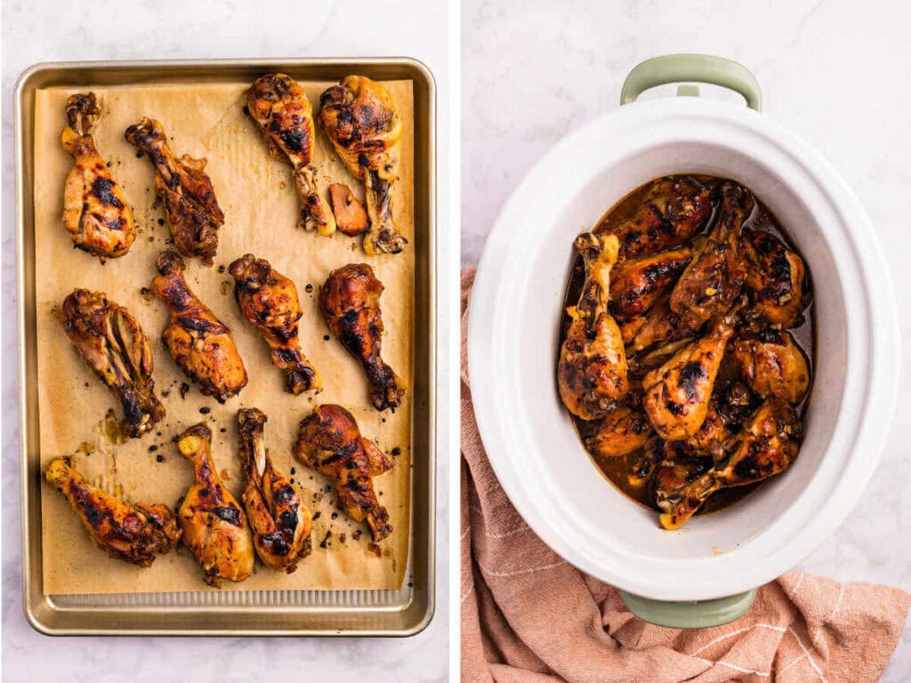 Side by side photos of broiled chicken legs being placed back in the sauce in the slow cooker.