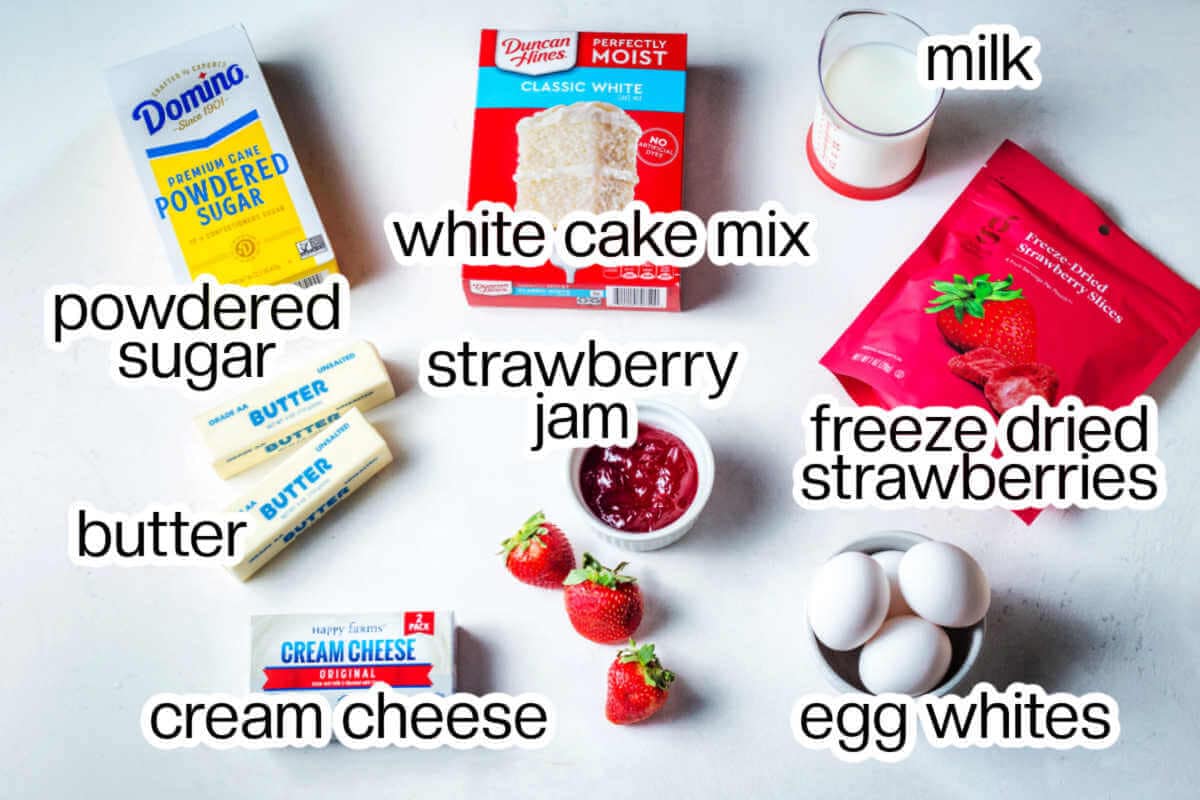 Ingredients needed to make strawberry cupcakes.