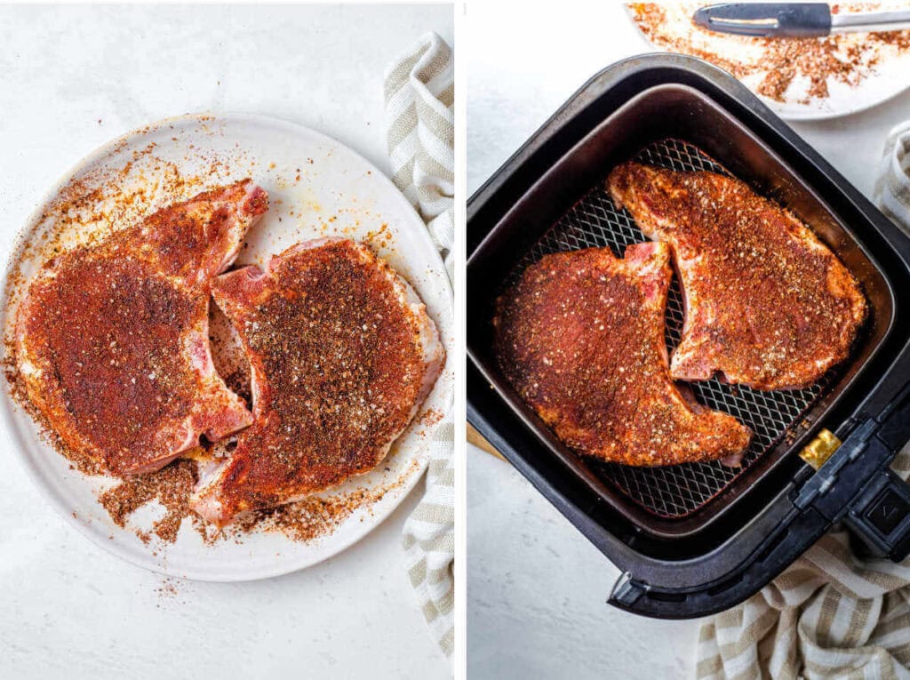 Side by side images showing seasoned pork chops on a plate and in an air fryer basket.
