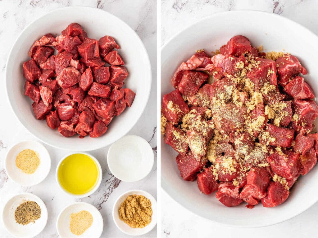Side by side photos of seasoning steak bites in a large bowl.