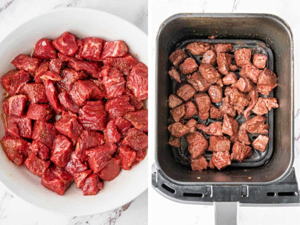 Side by side photos of before and after cooking steak bites in the air fryer.