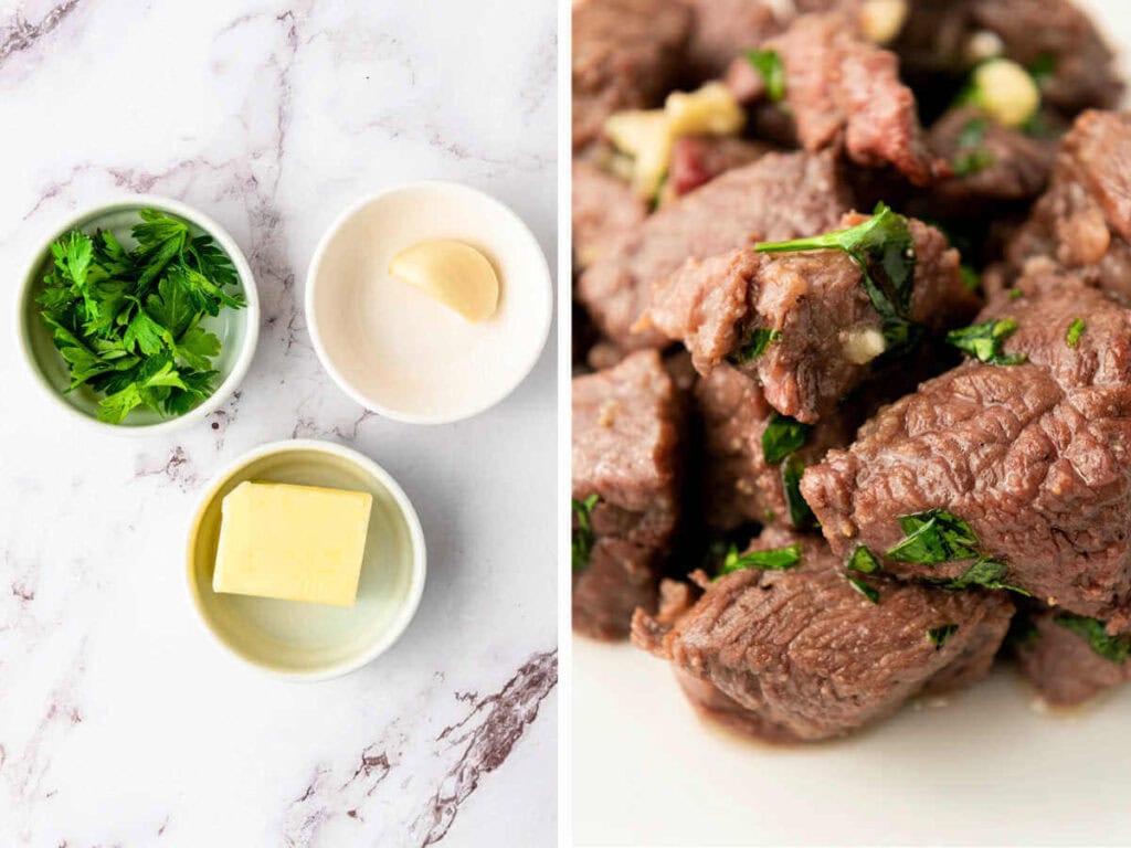 Side by side photos of ingredients for garlic butter and steak bites with garlic butter on them.