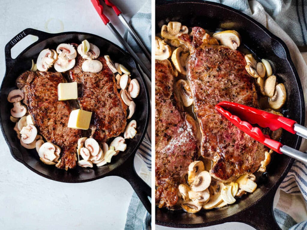 Side by side photos of adding mushrooms and butter to the steak and searing the steak further.