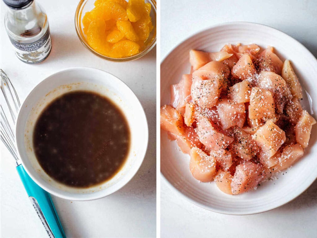 Side by side photos of mixing the sauce and seasoning the chicken.