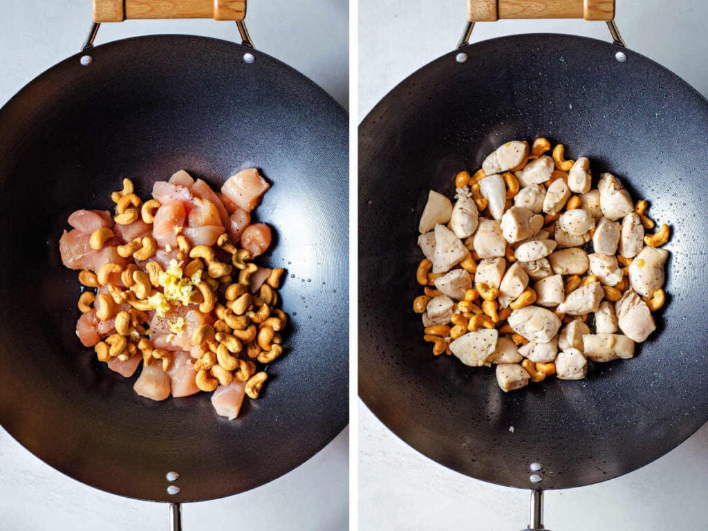 Side by side photos of searing the chicken, cashews and garlic in a wok.