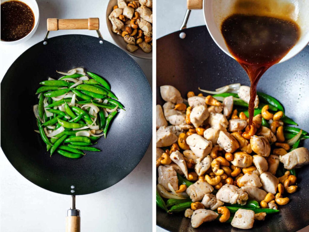 Side by side photos of searing the veggies and adding sauce to the stir fry.