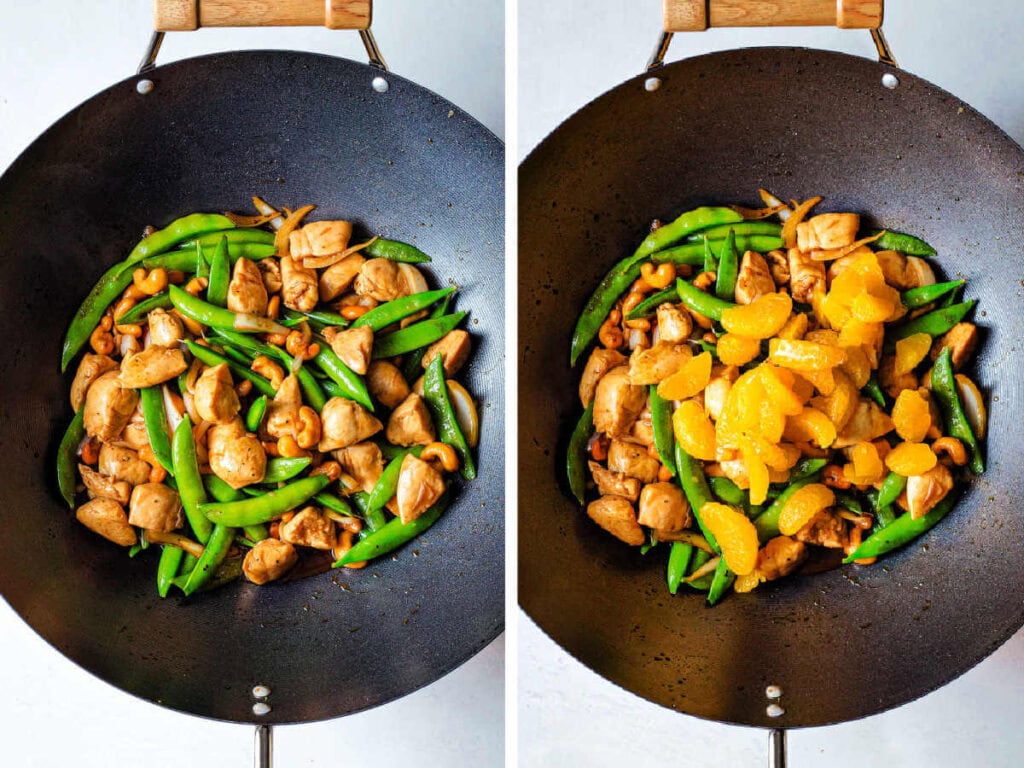 Side by side photos of adding the mandarin oranges to the stir fry.