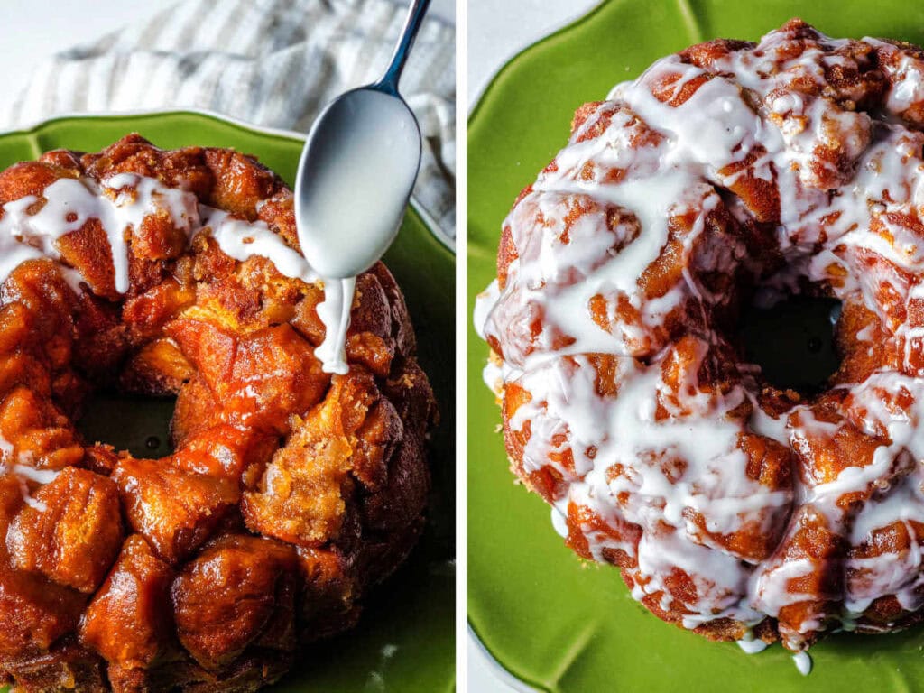 Side by side photos of glazing the baked monkey bread.