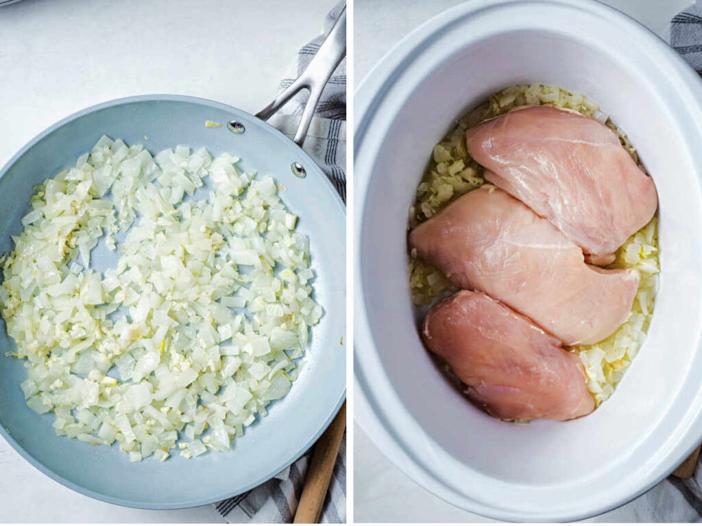 Process steps for making slow cooker chicken enchilada soup: saute onions and garlic; place onions and chicken breast in slow cooker.