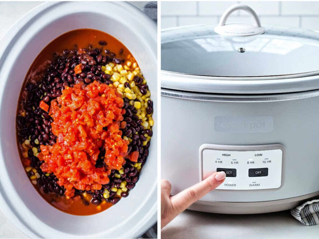 Side by side image showing adding ingredients to a slow cooker and setting the cook time.