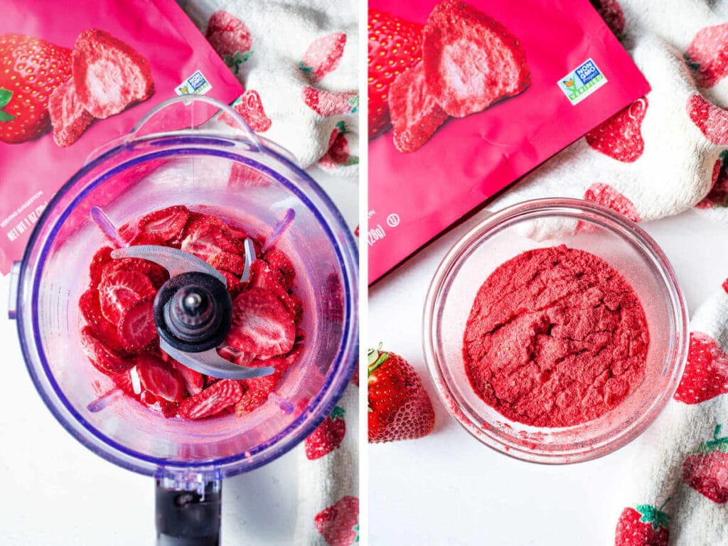 Side by side photos of grinding down freeze dried strawberries.
