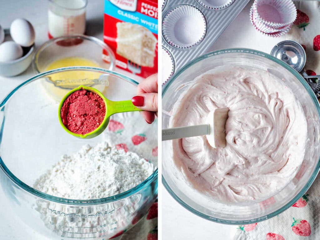 Side by side photos of adding the freeze dried strawberry powder to the cake batter.