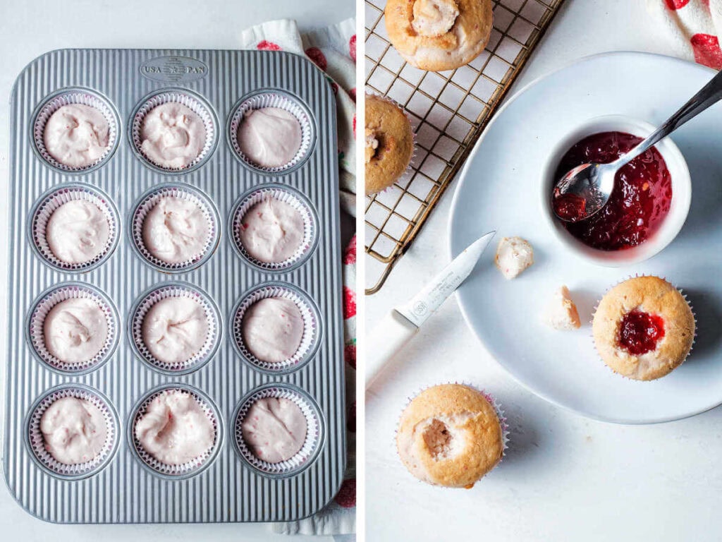 Side by side photos of baking and filling the strawberry cupcakes.