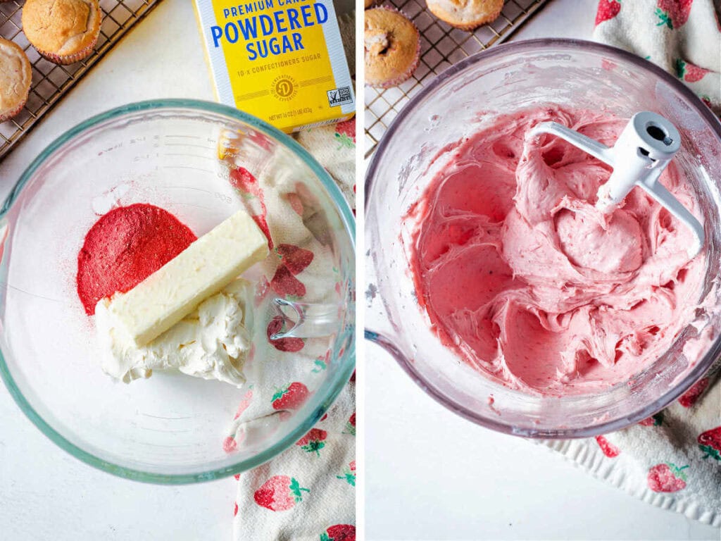 Side by side photos of making the strawberry frosting.