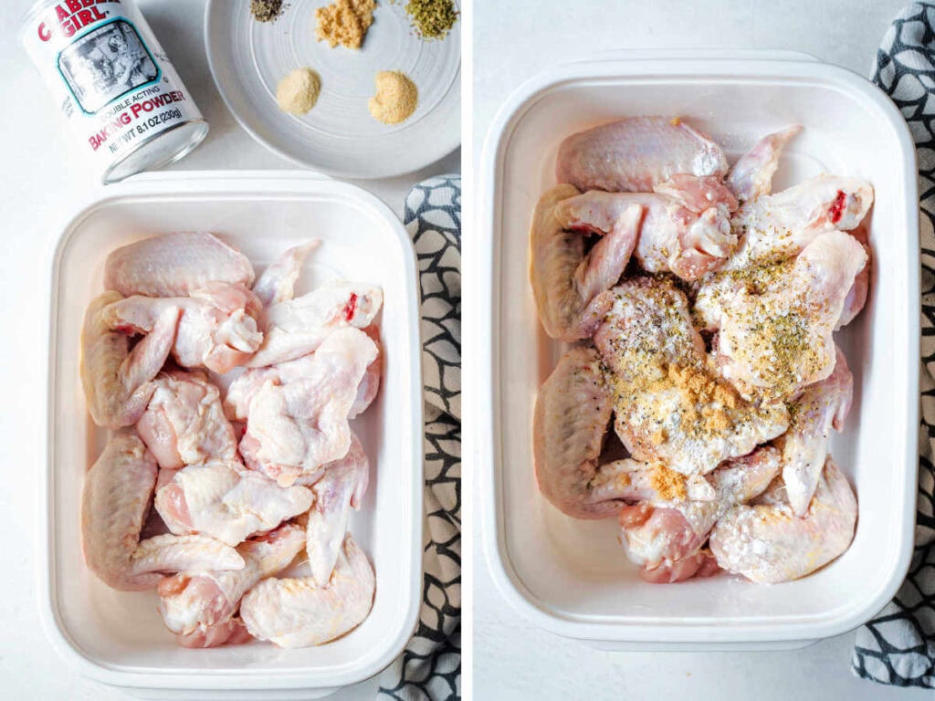 Side by side photos of prepping and seasoning the chicken wings.