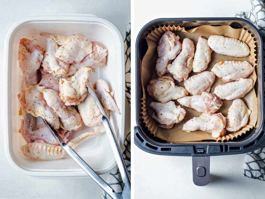 Tossing the chicken wings and placing them in the air fryer.