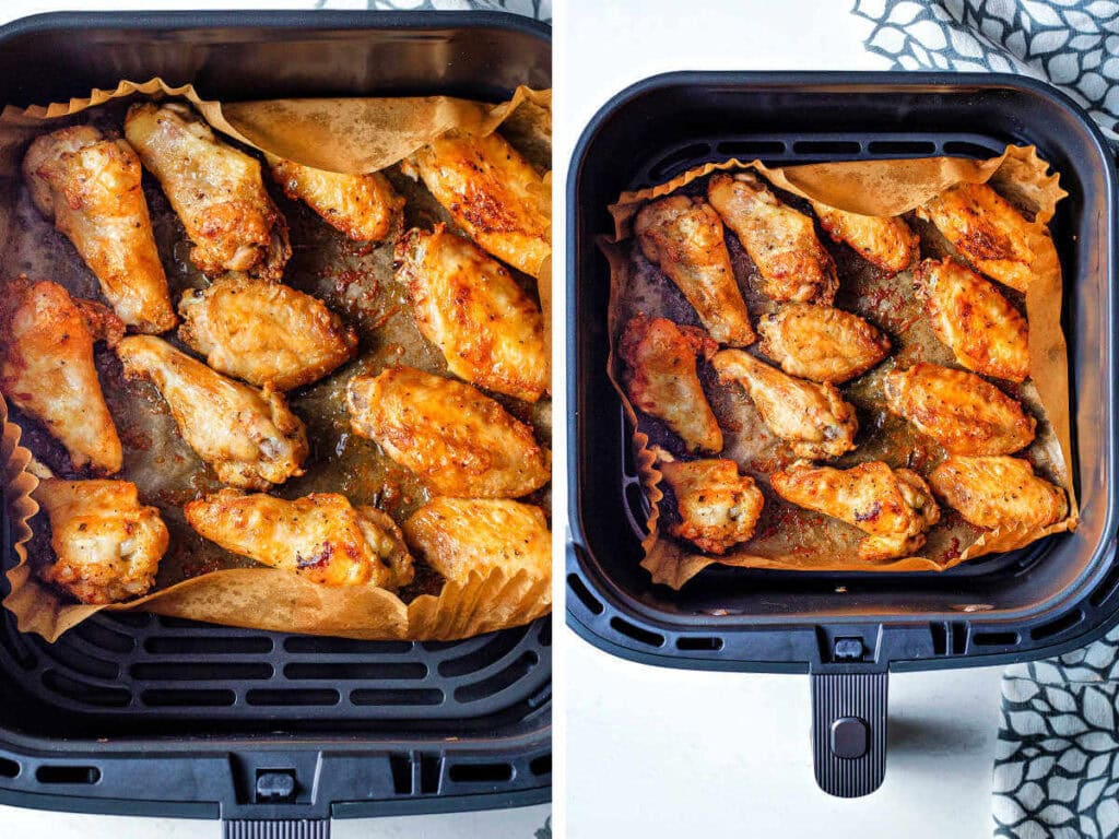 Side by side photos of finished air fryer fried chicken wings.