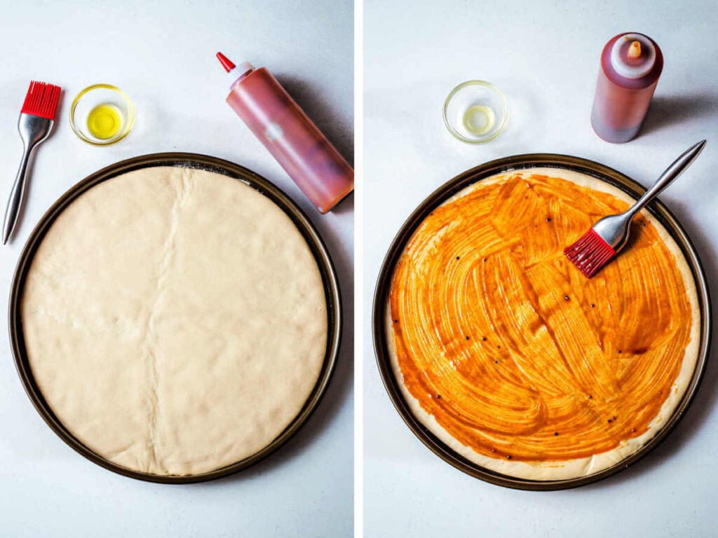 Side by side photos of brushing a pizza crust with olive oil and BBQ sauce.