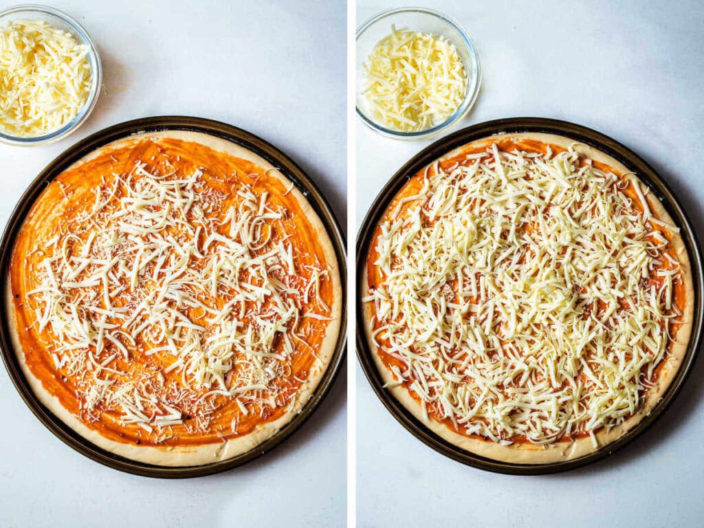 Side by side photos of adding cheese to a pizza crust.
