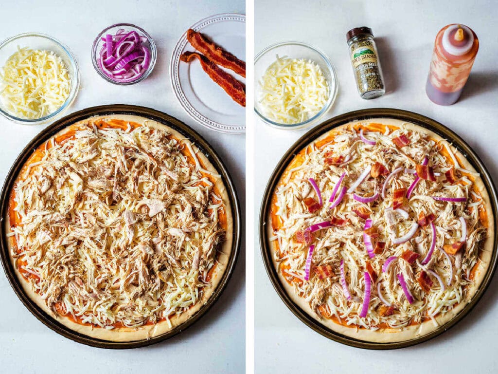 Side by side photos of added toppings to chicken BBQ pizza.
