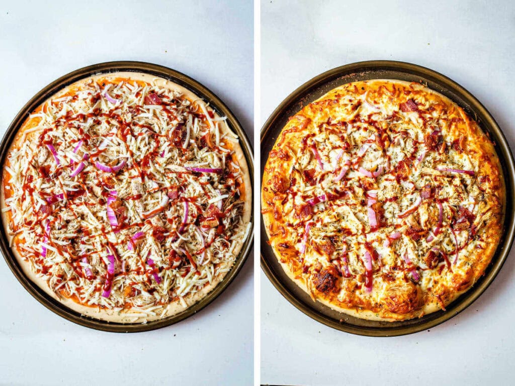 Before and after the BBQ chicken pizza is baked.