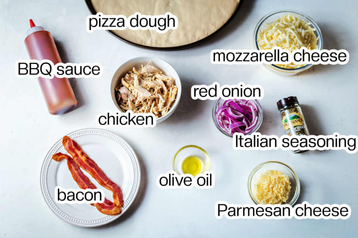 Ingredients needed to make BBQ chicken pizza.