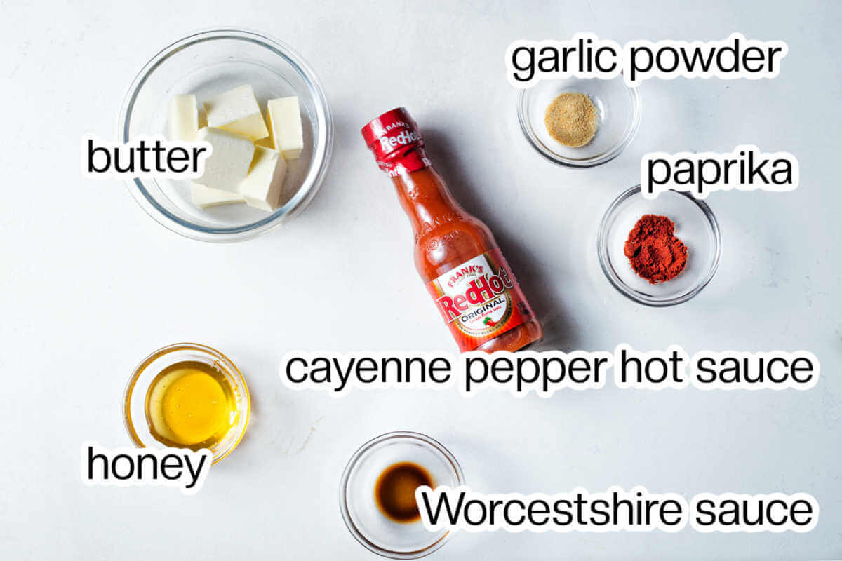 Ingredients needed to make buffalo chicken wing sauce.