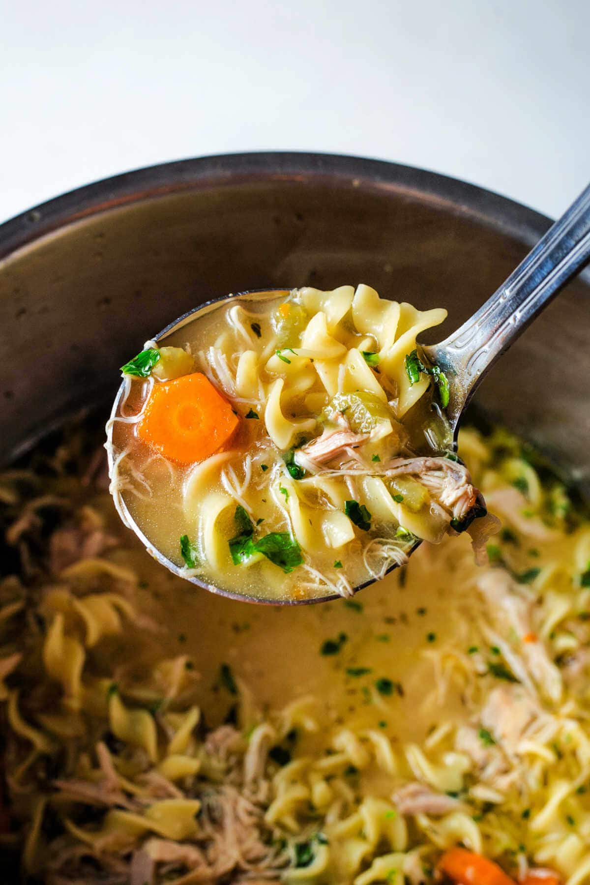 Ladle scooping up Instant Pot chicken noodle soup from a pot.