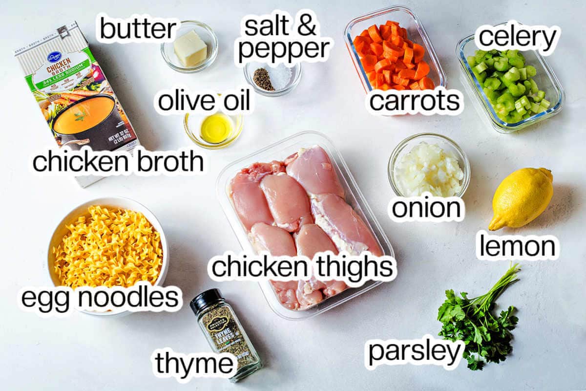Ingredients needed to make Instant Pot chicken noodle soup.