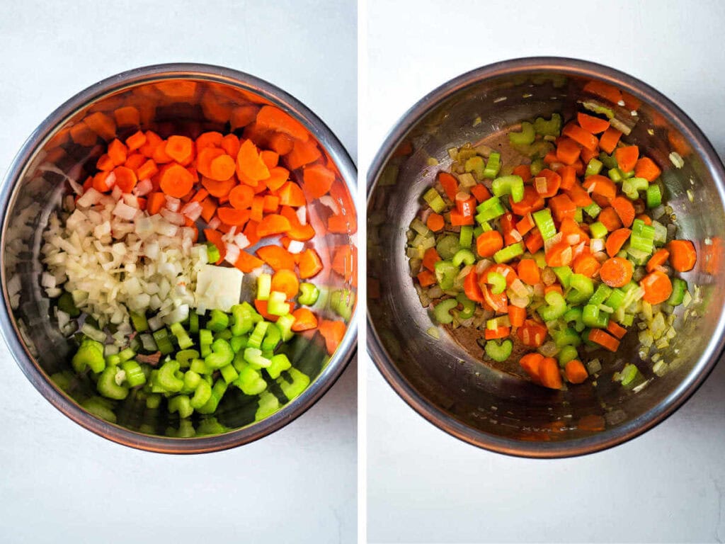 Side by side photos of sautéing veggies in side by side photos.