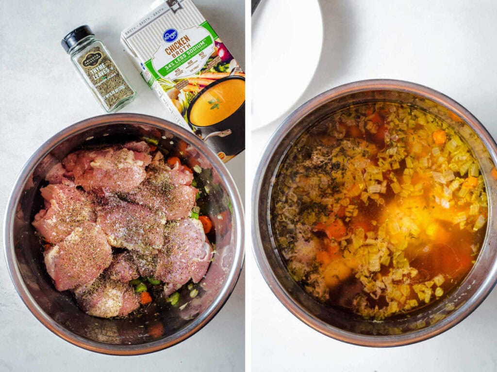 Adding chicken and broth to the Instant pot to cook.