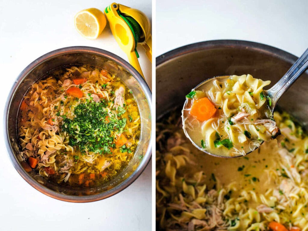 Side by side photos of finished soup in the Instant Pot with a ladle scooping some up.