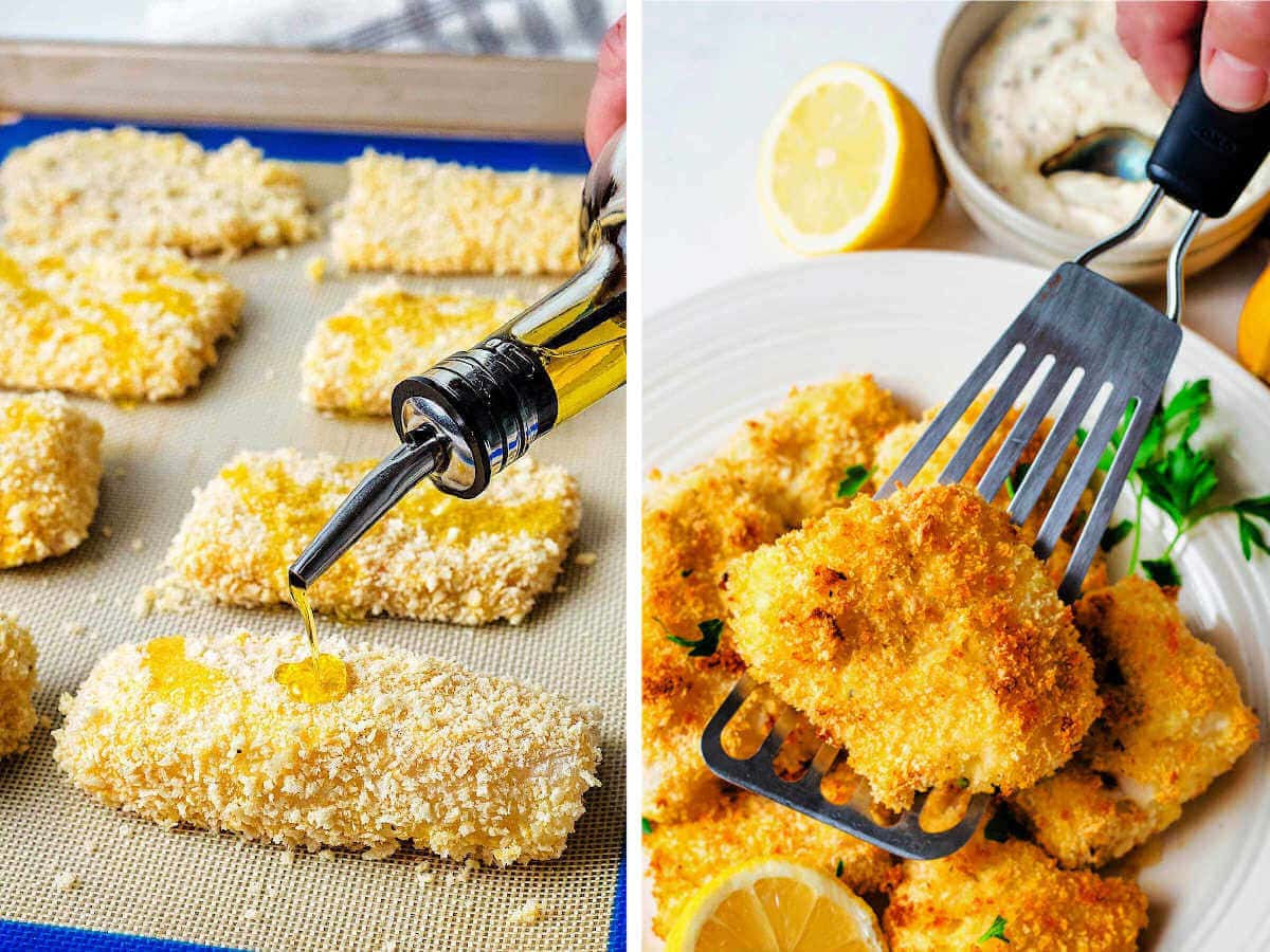 Side by side images of drizzling olive oil on breaded fish and a spatula placing fish on a platter.