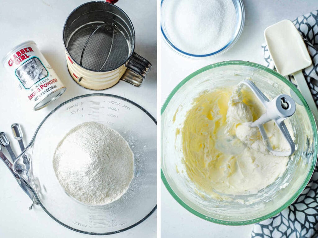 Side by side photos of sifting flour and creaming butter and sugar together.