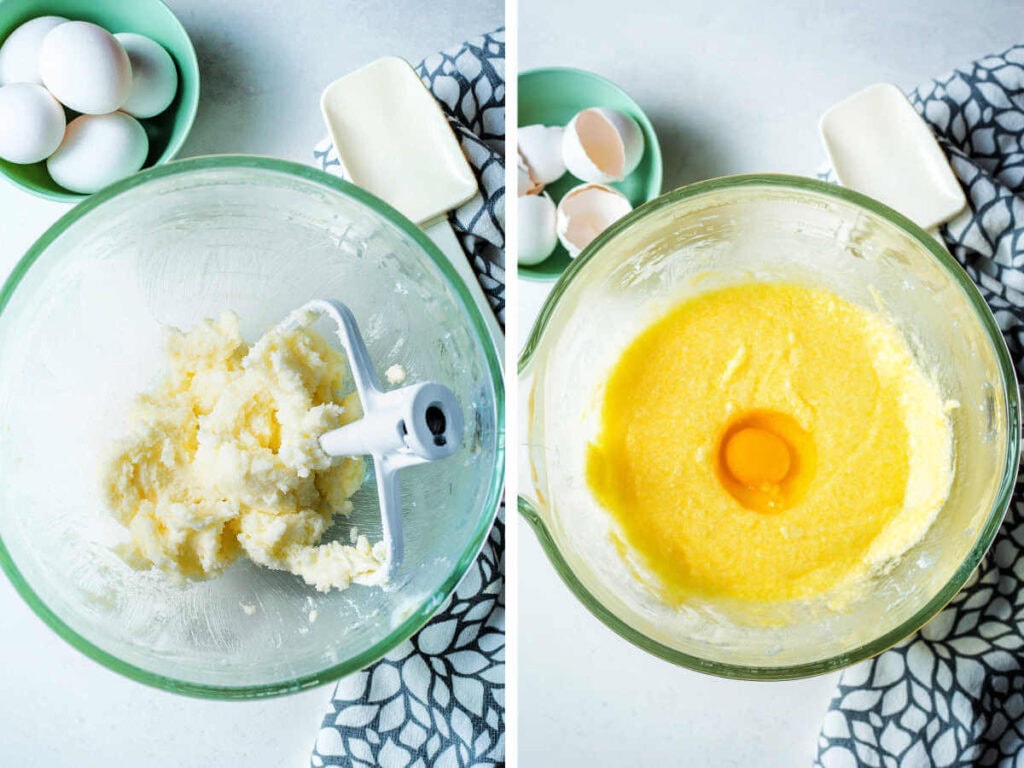 Side by side photos of creamed butter and sugar being mixed with eggs.