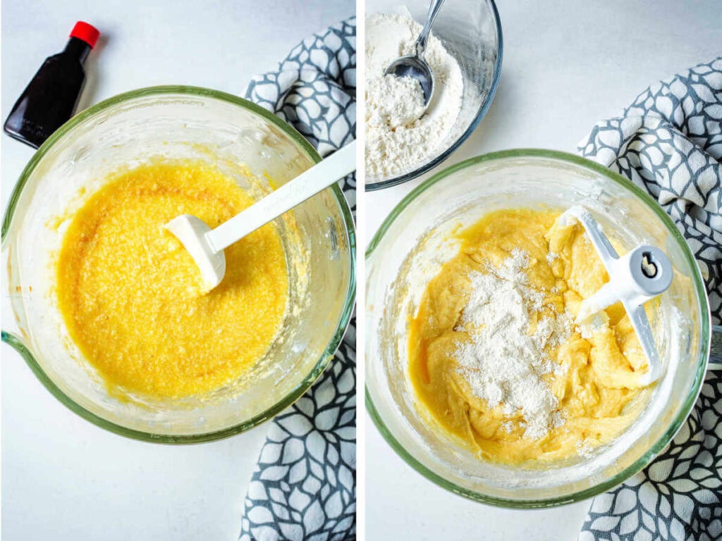Adding the dry ingredients to the cake batter in a mixing bowl.