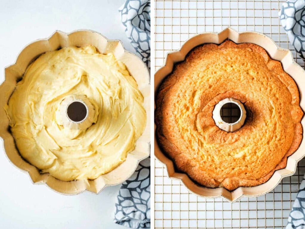 Side by side photos of the pound cake batter in a pan before and after baking.