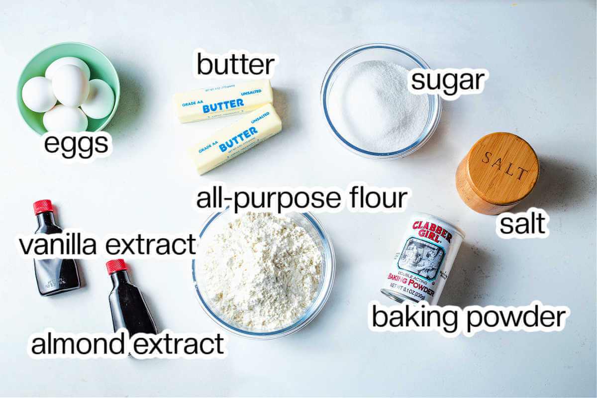 Ingredients needed to make pound cake.