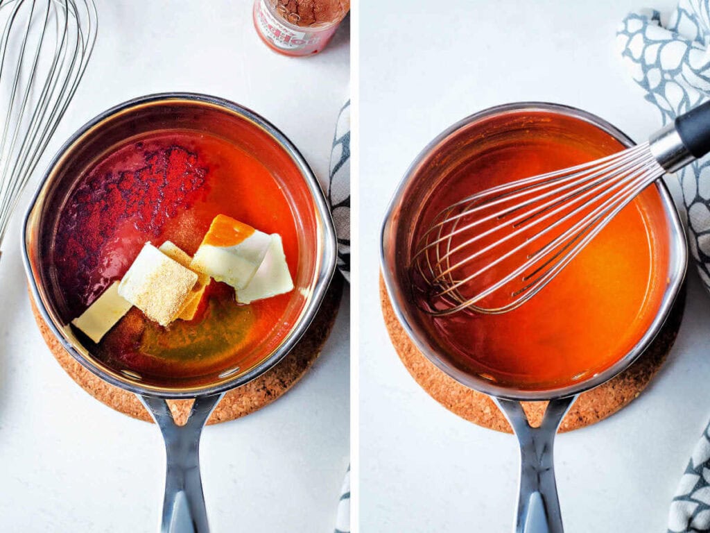 Side by side view of the buffalo wing sauce ingredients in a sauce pan and whisking them together.