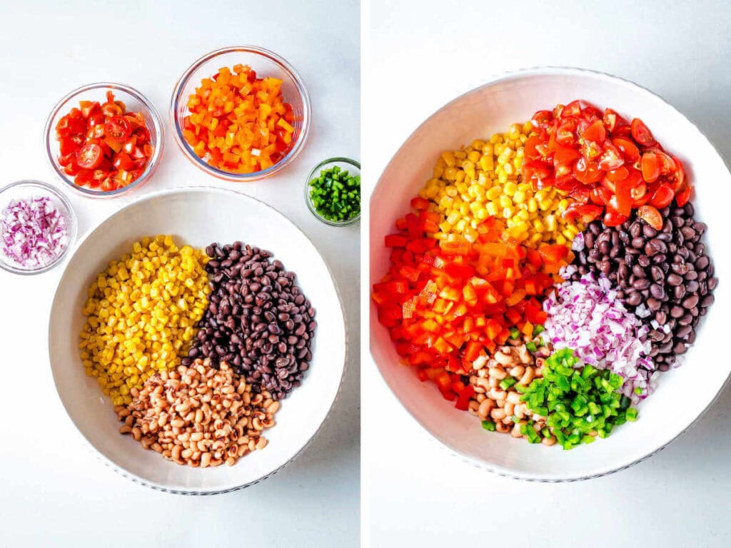 Side by side photos of adding the cowboy caviar ingredients to a mixing bowl.