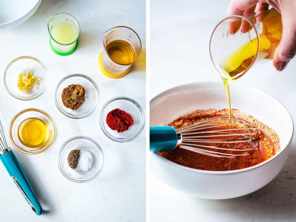 Side by side photos of making the cowboy caviar dressing.