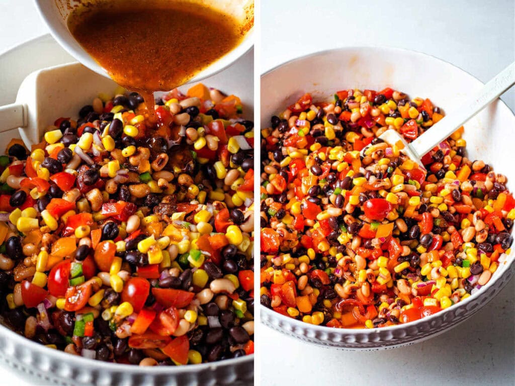 Side by side photos of adding the dressing to the cowboy caviar in a bowl.
