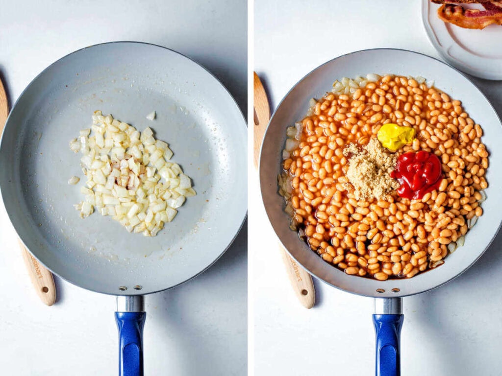 Side by side photos of sautéing onions in a skillet and adding beans with sugar, mustard, and ketchup.
