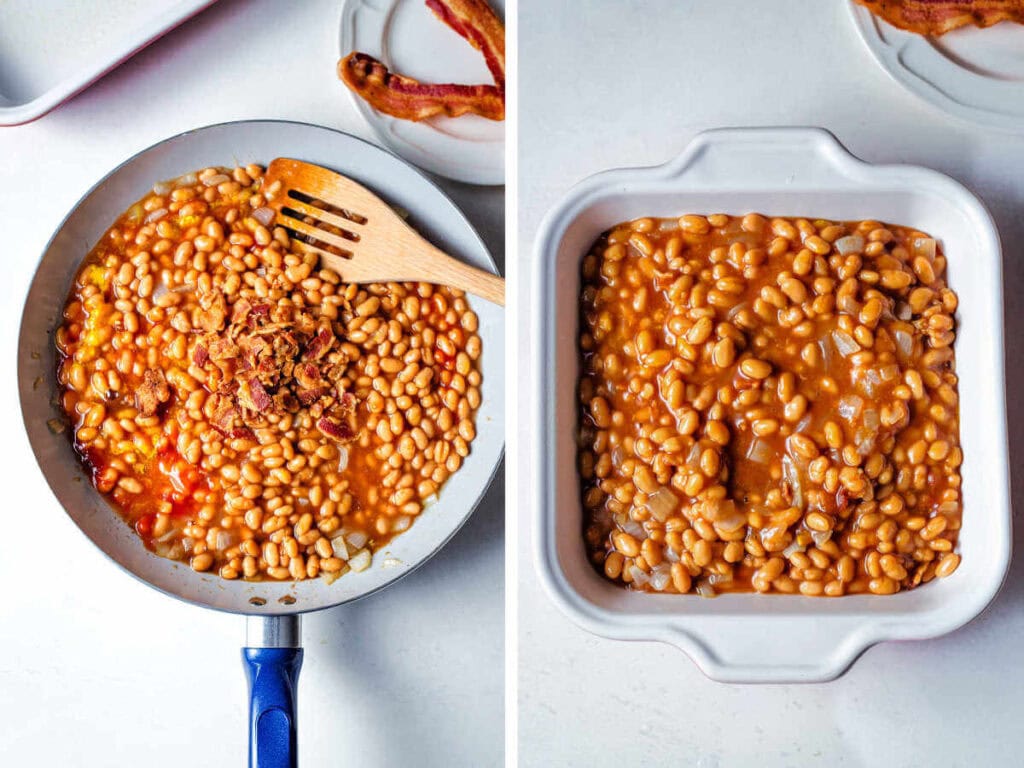 Side by side photos of adding bacon to the beans and pouring them into a baking dish.