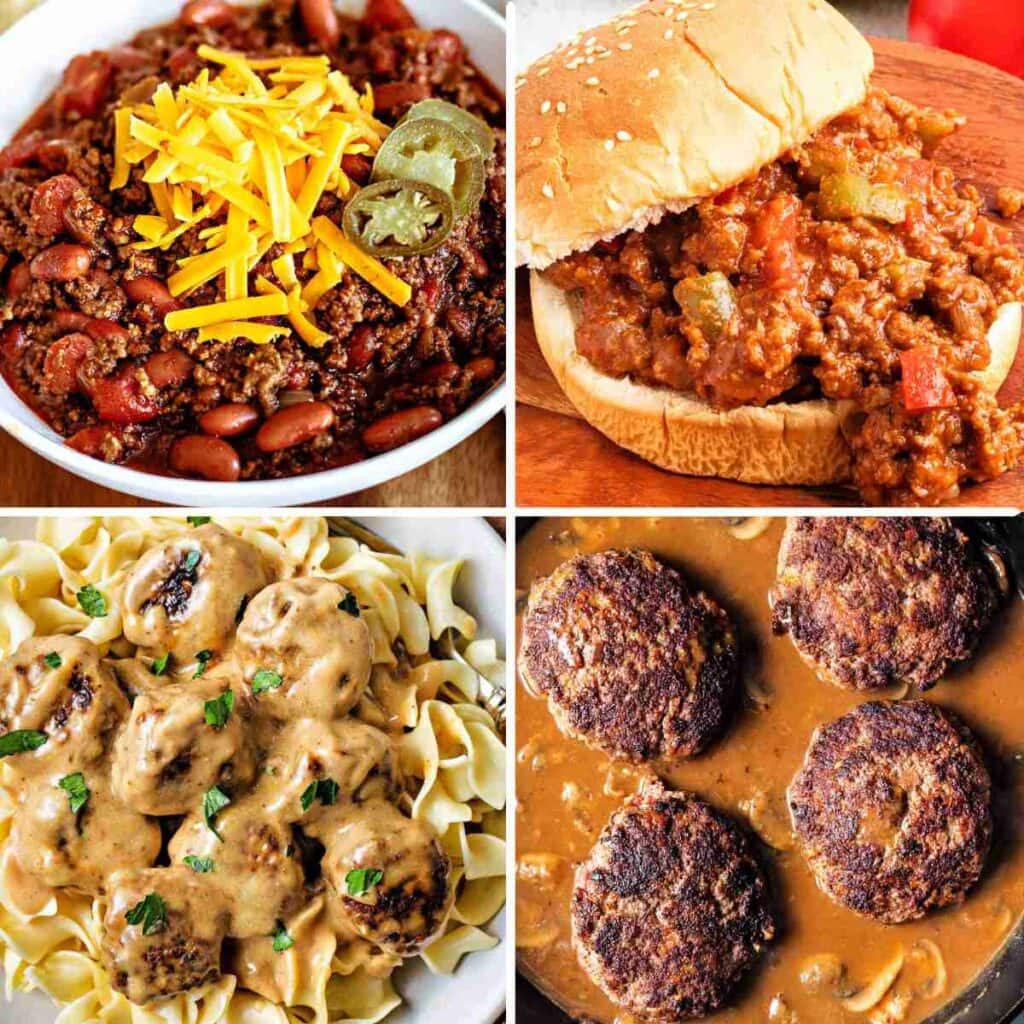 A collage of ground beef recipes, including chili, sloppy joes, swedish meatballs, and hamburger steaks.