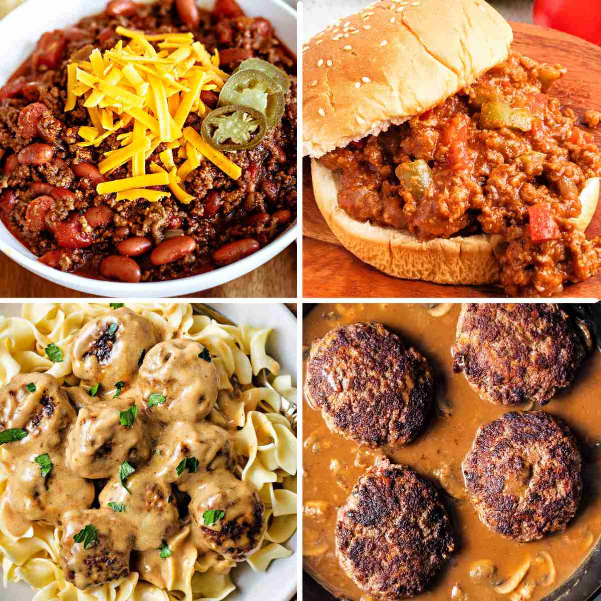 A collage of ground beef recipes, including chili, sloppy joes, swedish meatballs, and hamburger steaks.