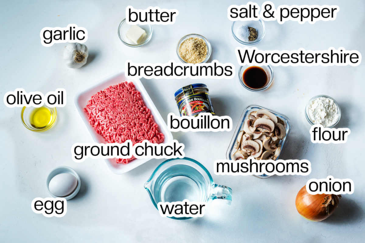 Ingredients needed to make homemade hamburger steak.